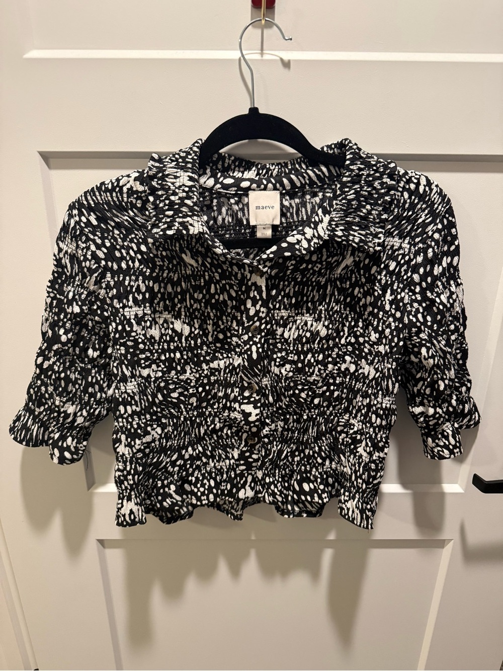 Anthropologie Maeve Smocked Peplum Blouse Black White Abstract Print M